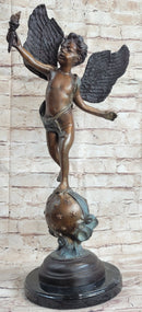 Cherub Cupid w/ Torch Real Bronze Vintage Sculpture 24" x 12"