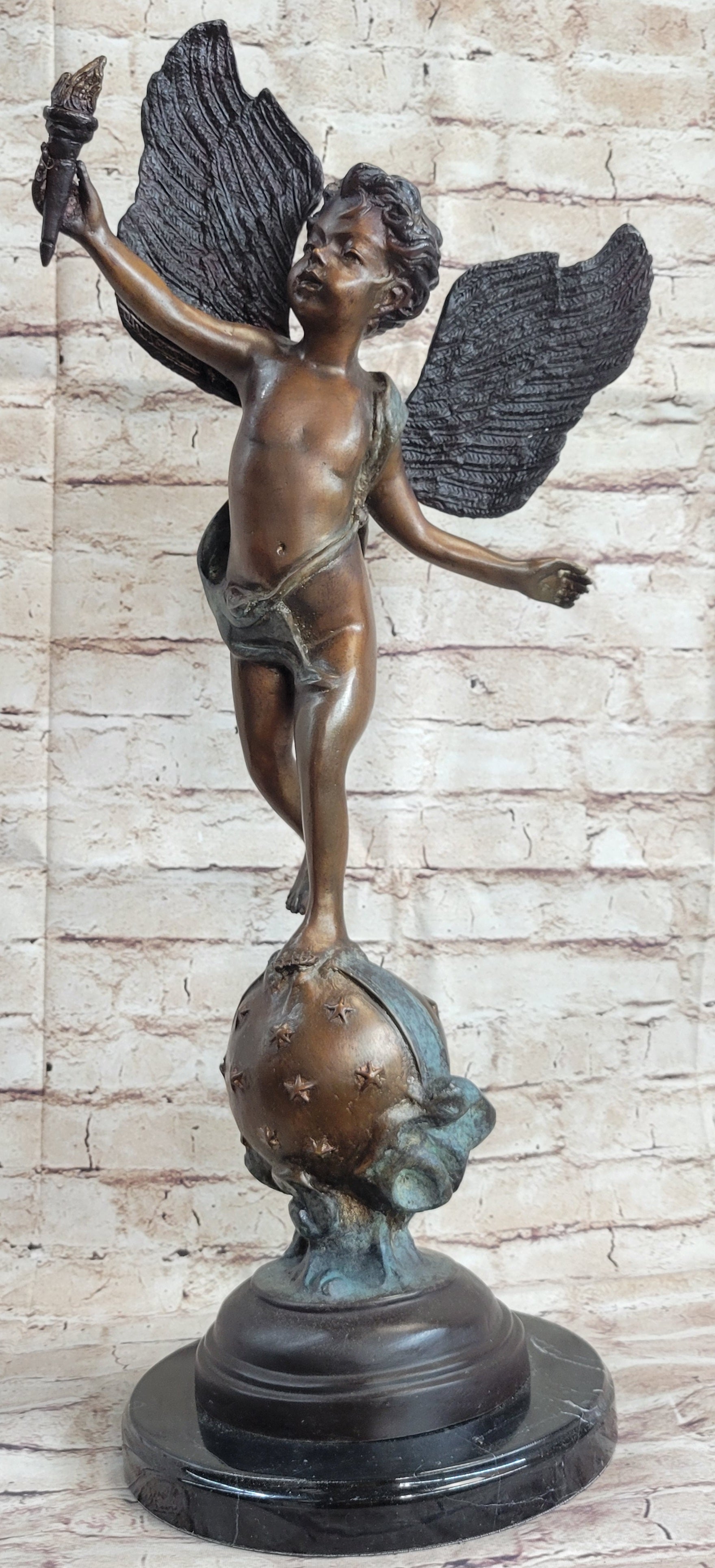 Cherub Cupid w/ Torch Real Bronze Vintage Sculpture 24" x 12"