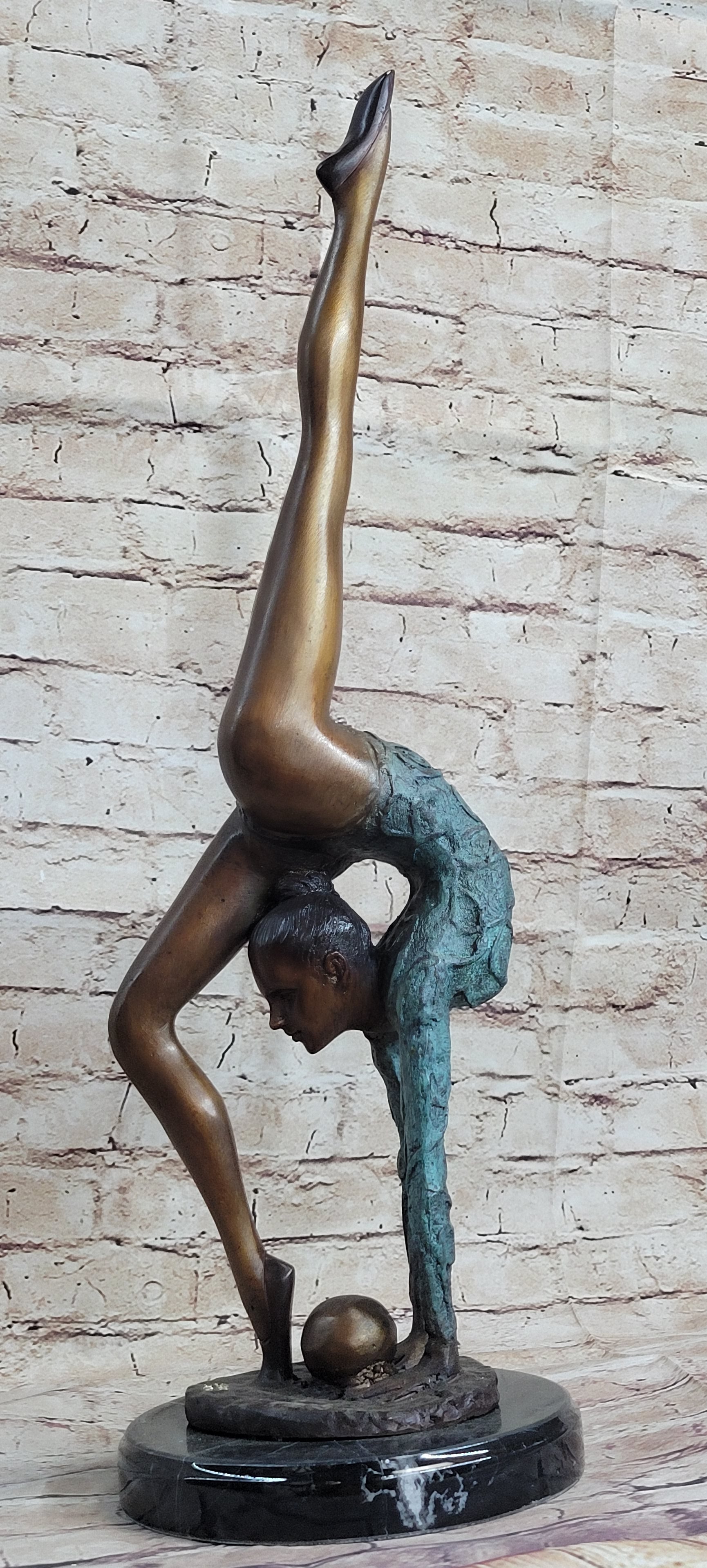 Acrobat Gymnast Contortionist Girl Bronze Sculpture Signed on Marble