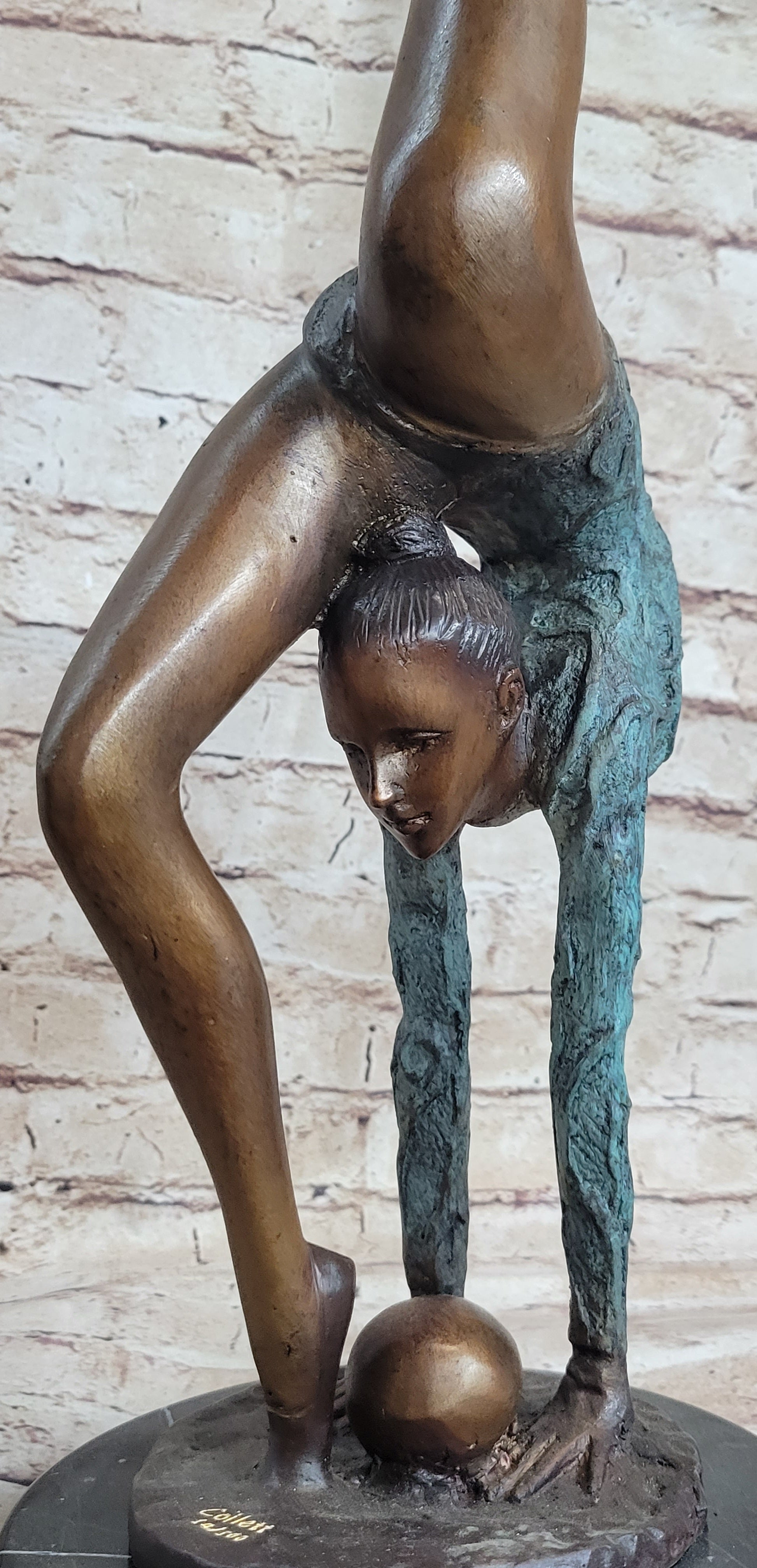 Acrobat Gymnast Contortionist Girl Bronze Sculpture Signed on Marble