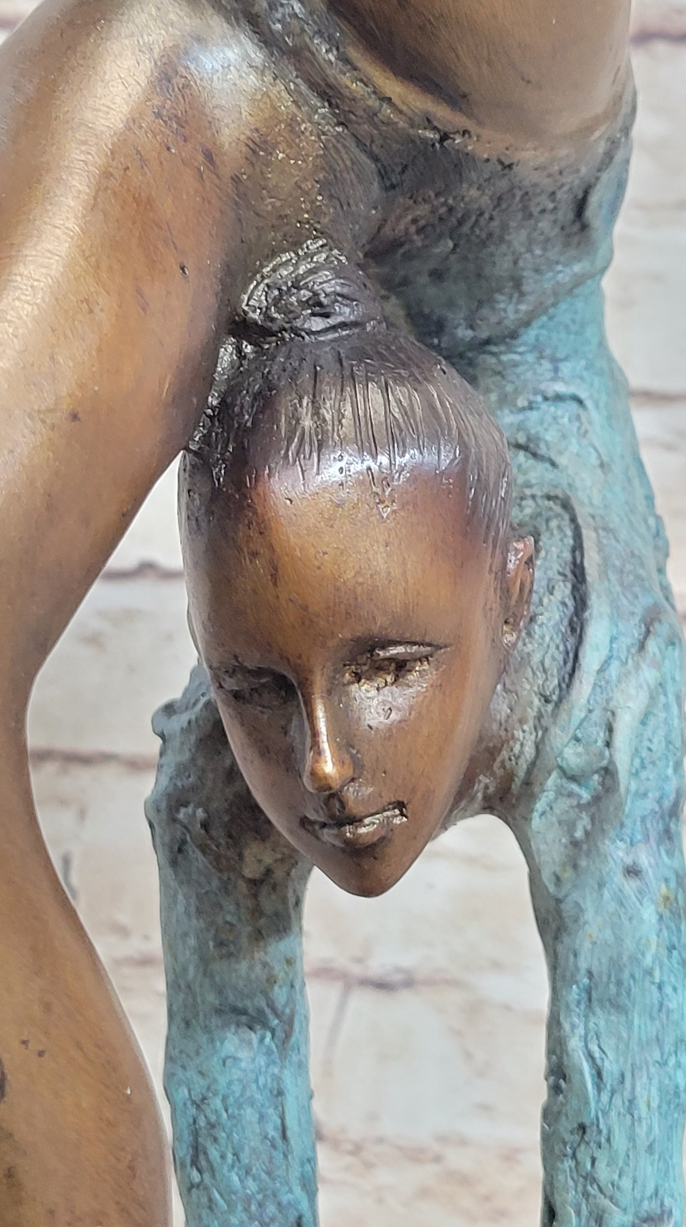 Acrobat Gymnast Contortionist Girl Bronze Sculpture Signed on Marble