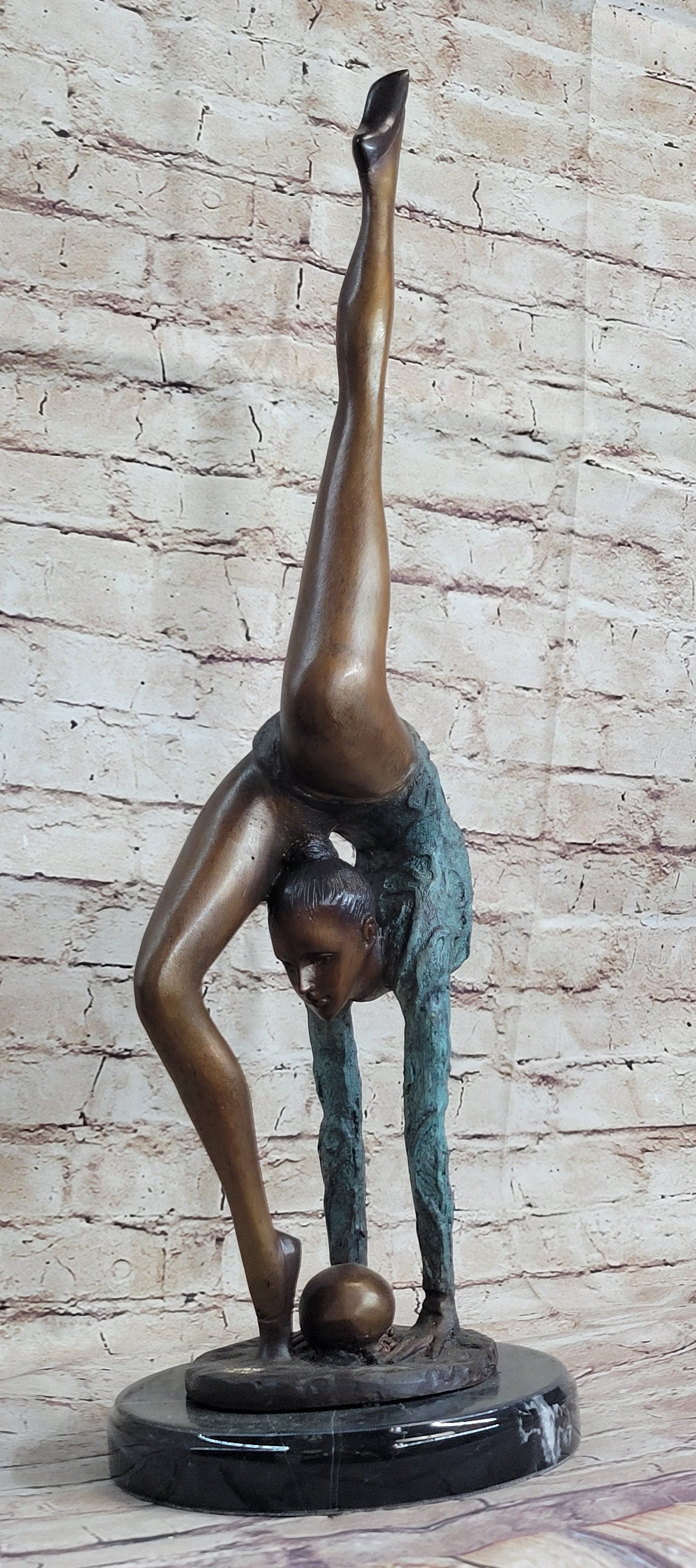 Acrobat Gymnast Contortionist Girl Bronze Sculpture Signed on Marble