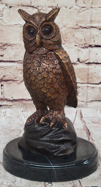 Hot Cast Bronze Miniature Owl Bird Sculpture on Marble Base
