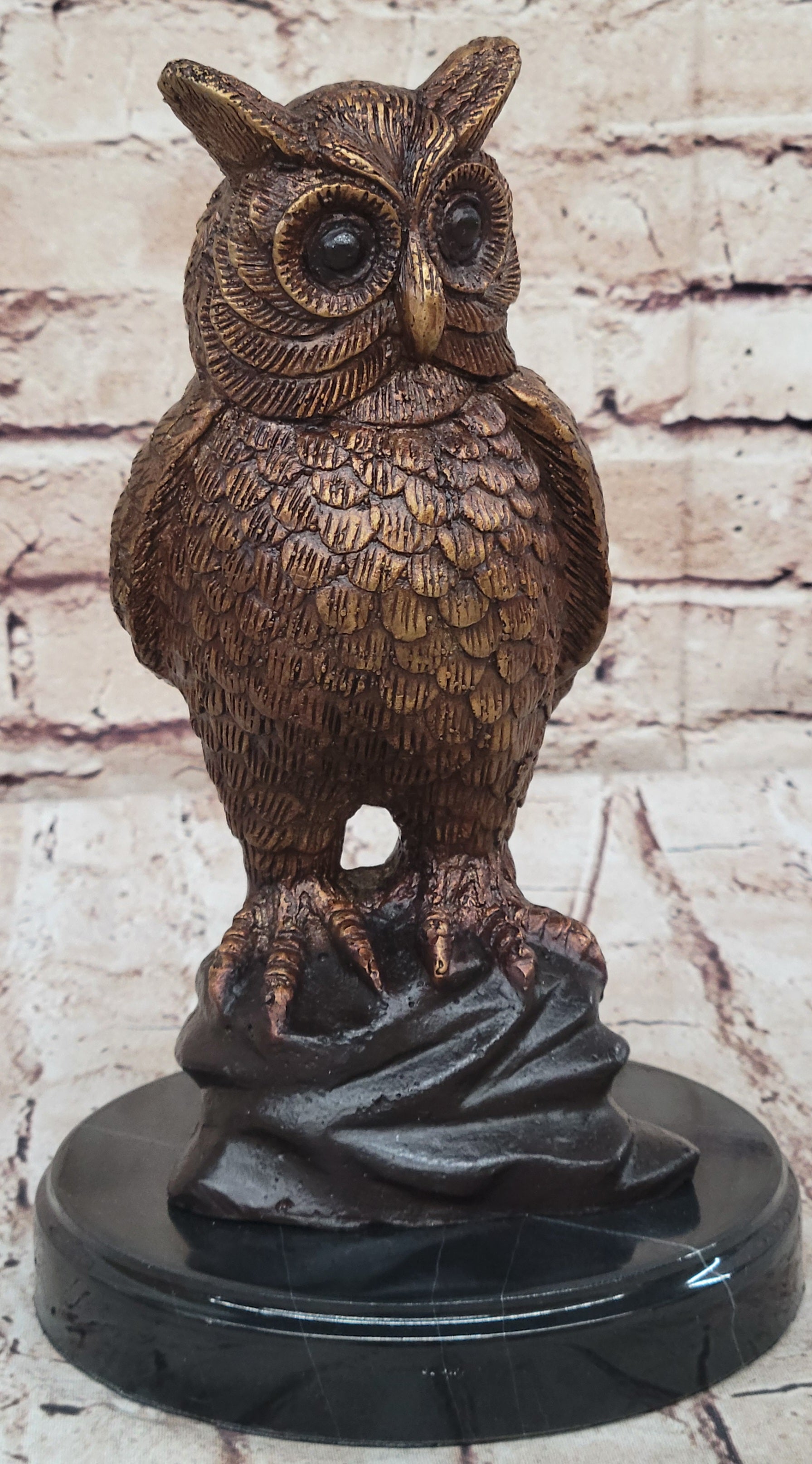 Hot Cast Bronze Miniature Owl Bird Sculpture on Marble Base