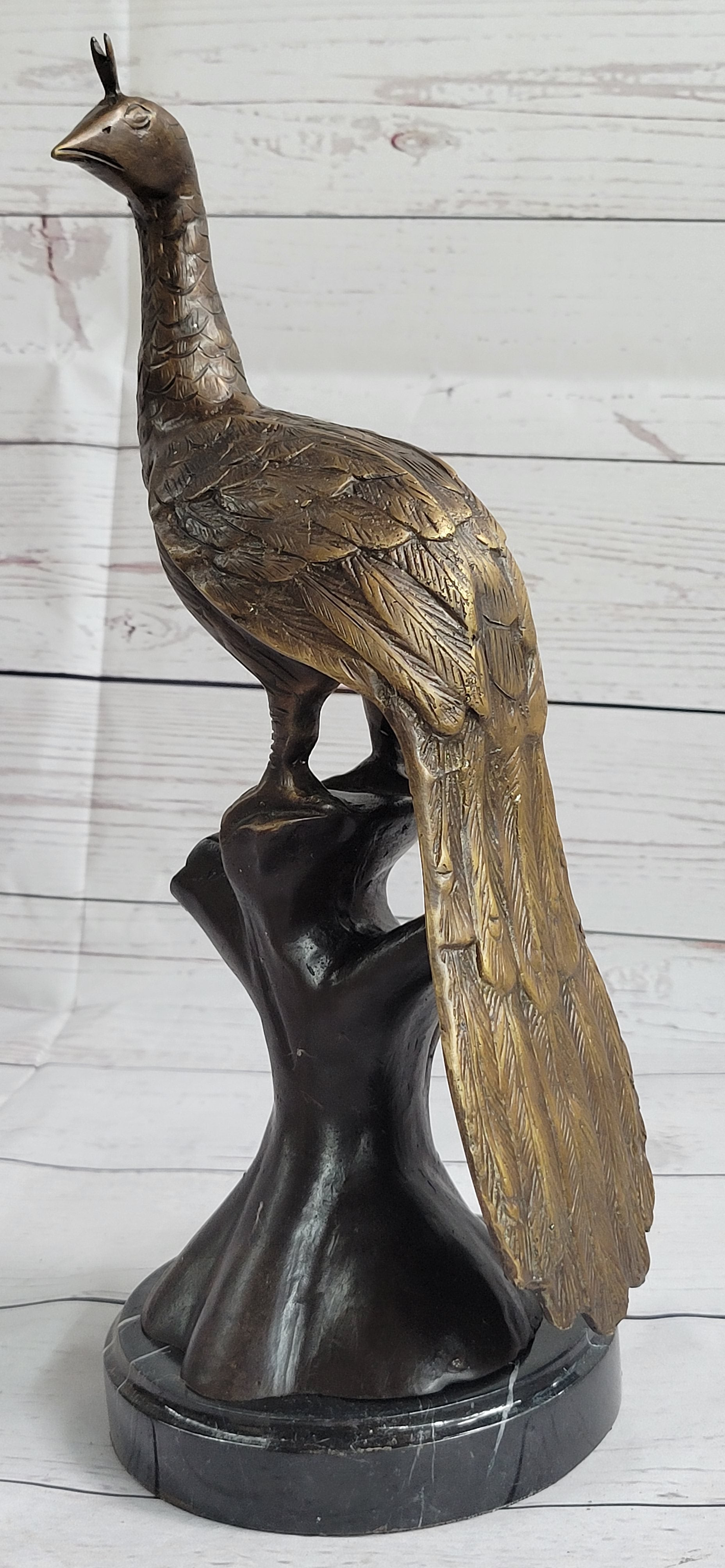 Signed Moigniez Peacock Bronze Sculpture 14" x 8"