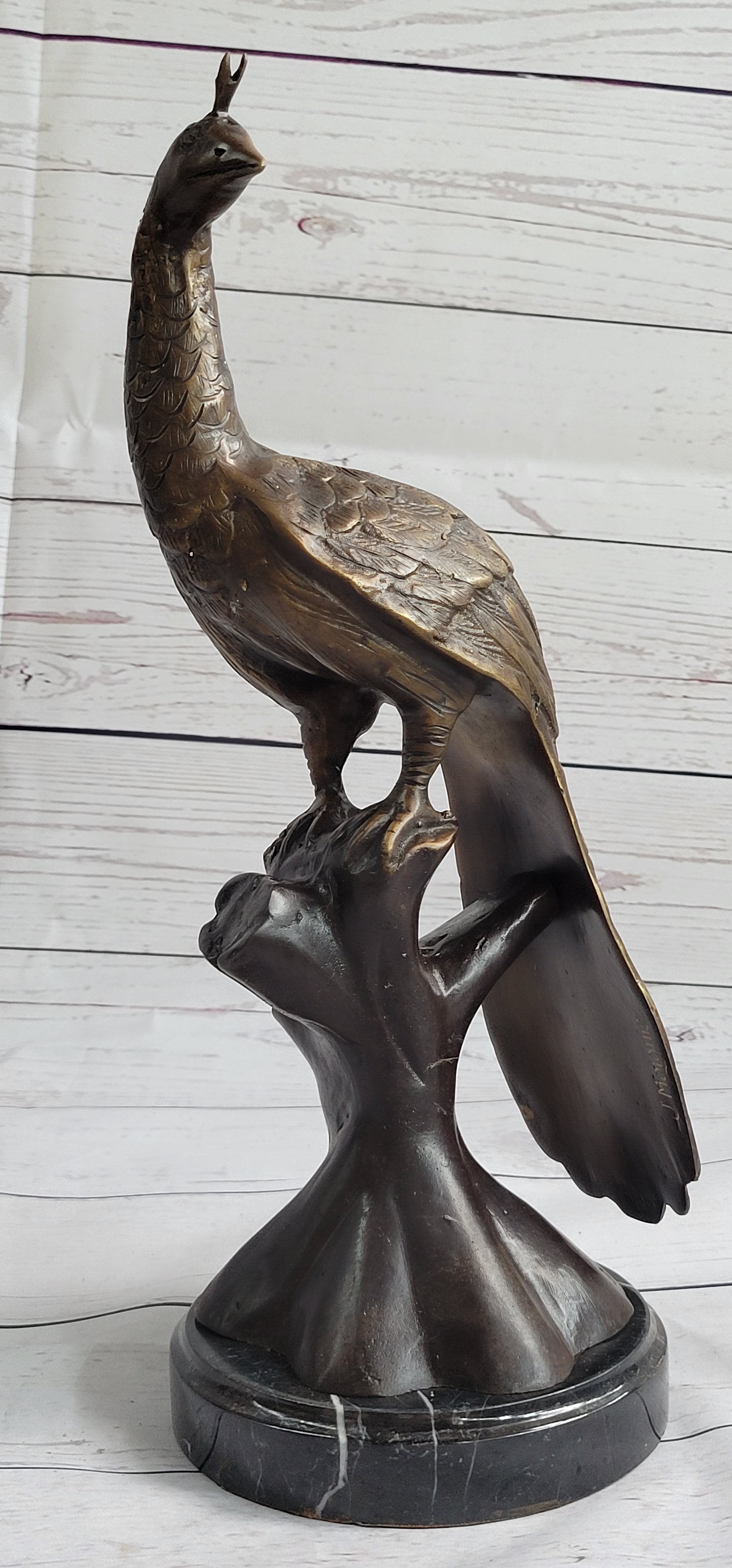 Signed Moigniez Peacock Bronze Sculpture 14" x 8"