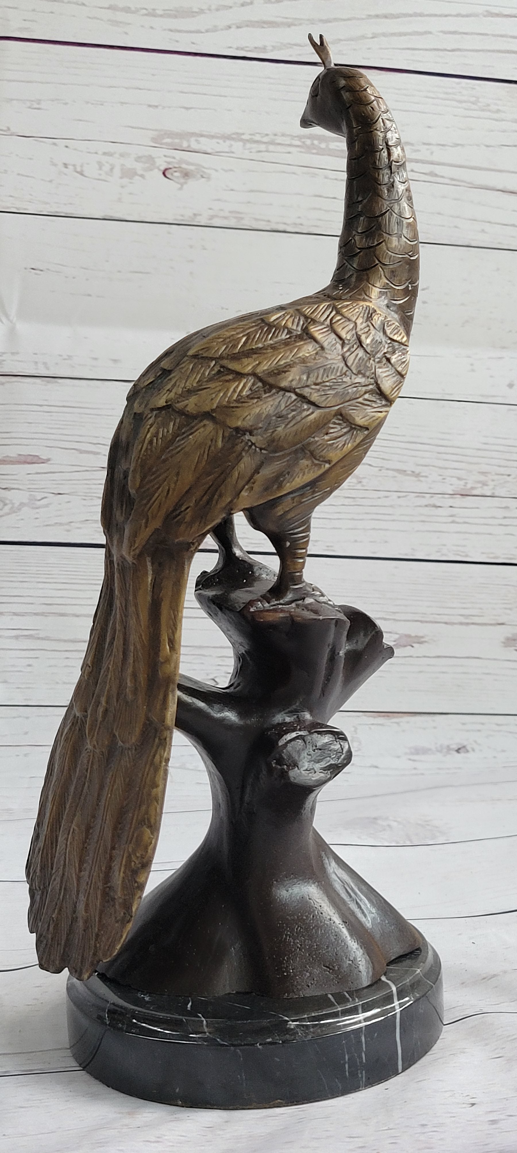 Signed Moigniez Peacock Bronze Sculpture 14" x 8"