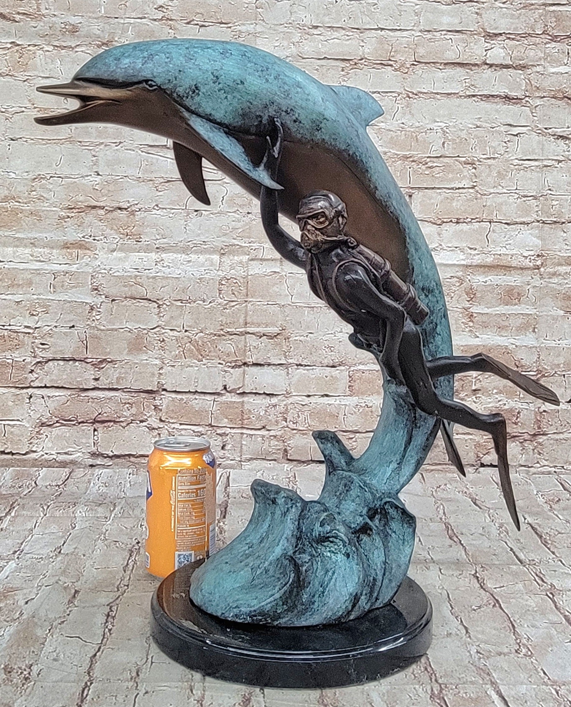 Scuba Diver & Dolphin Real Bronze Sculpture by Marius