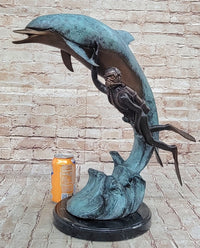 Scuba Diver & Dolphin Real Bronze Sculpture by Marius