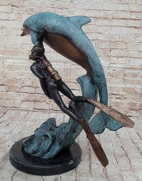 Scuba Diver & Dolphin Real Bronze Sculpture by Marius