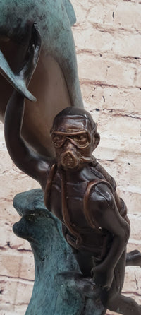 Scuba Diver & Dolphin Real Bronze Sculpture by Marius
