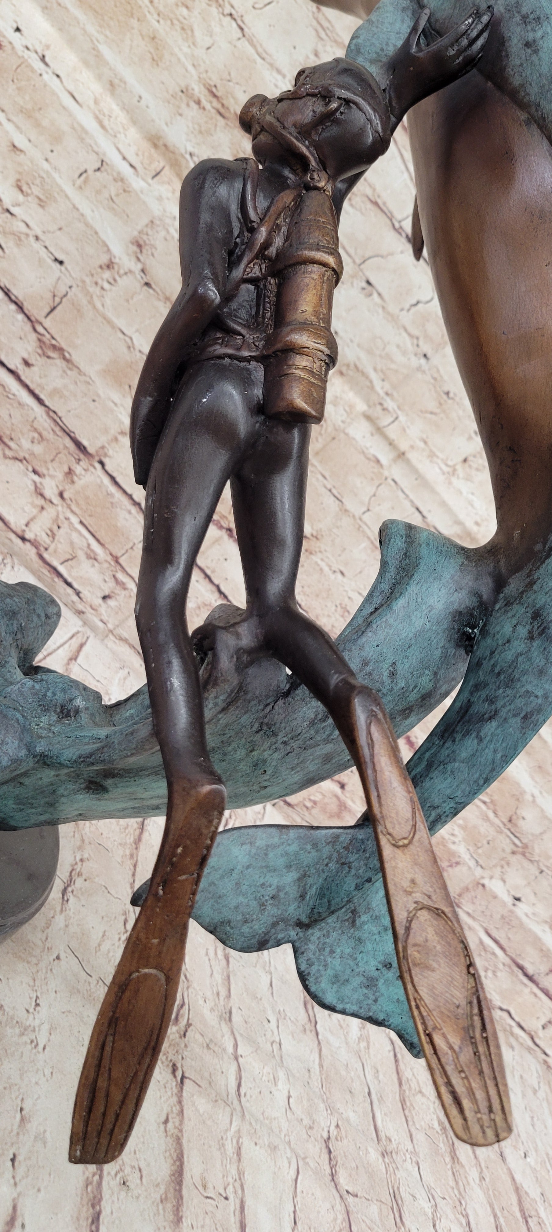 Scuba Diver & Dolphin Real Bronze Sculpture by Marius