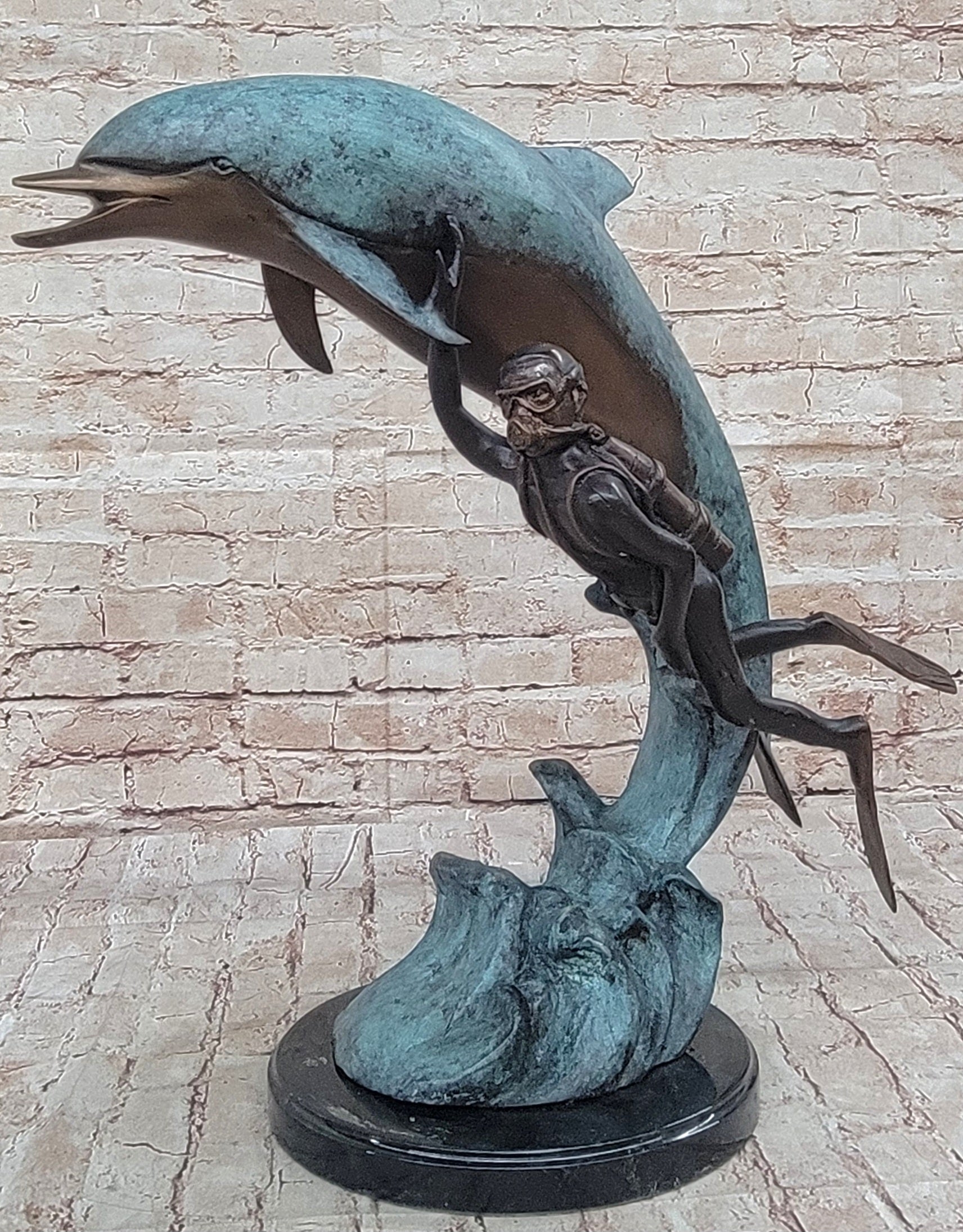 Scuba Diver & Dolphin Real Bronze Sculpture by Marius