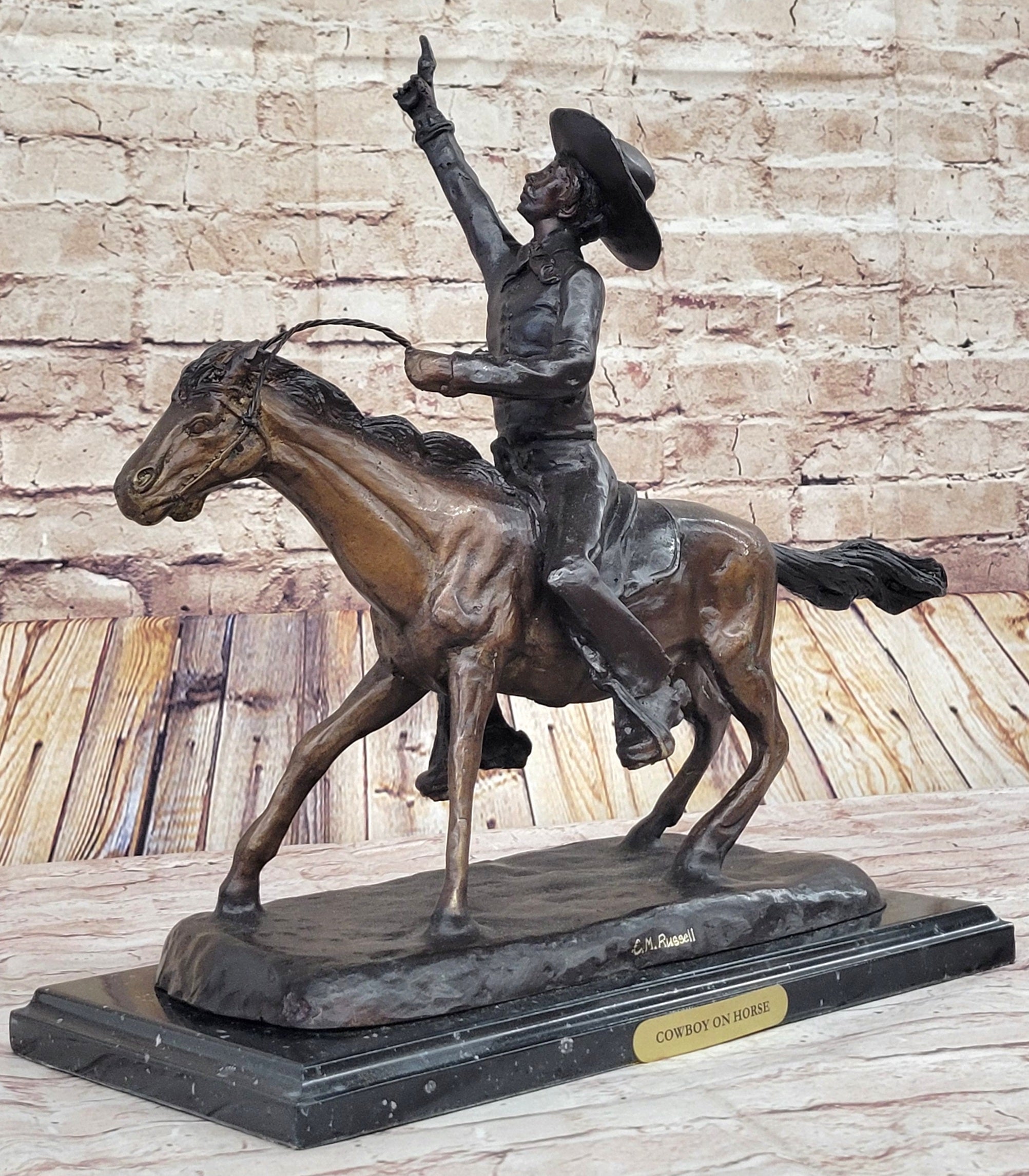 Will Rogers Cowboy on Horseback Bronze Sculpture 16" x 17"