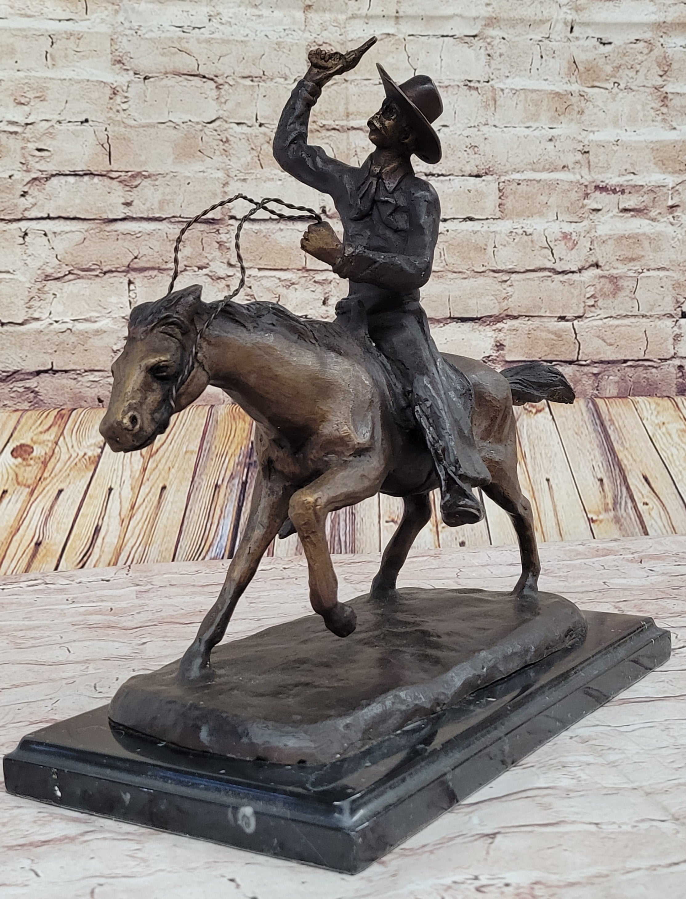 Will Rogers C.M. Russell Bronze Cowboy Riding Horse 16" x 17"