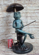 Bronze Sculpture of Frog Fishing Under Mushroom Signed Art