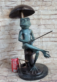 Bronze Sculpture of Frog Fishing Under Mushroom Signed Art