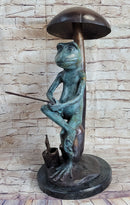 Bronze Sculpture of Frog Fishing Under Mushroom Signed Art