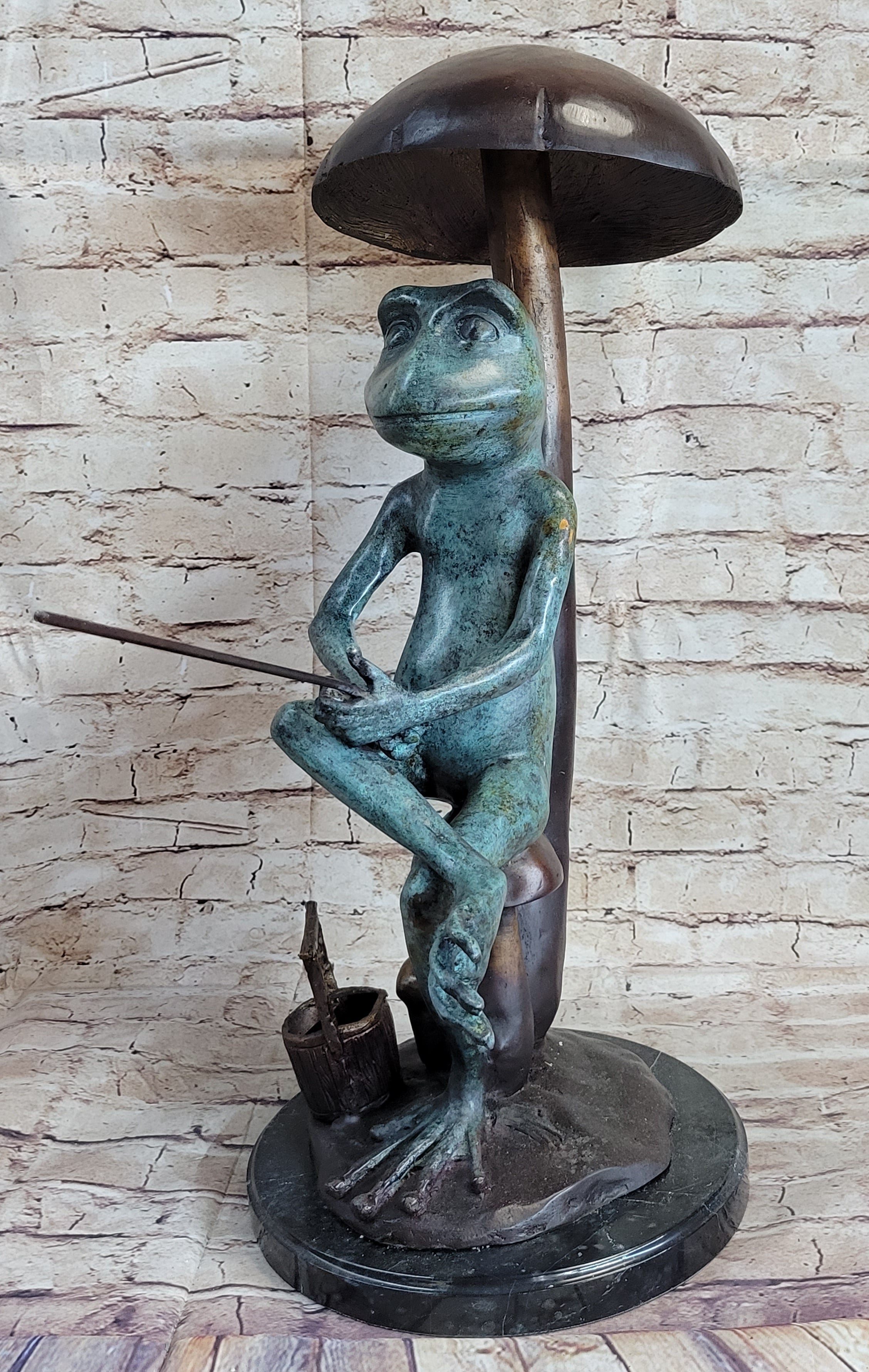 Bronze Sculpture of Frog Fishing Under Mushroom Signed Art