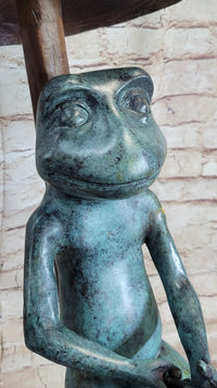 Bronze Sculpture of Frog Fishing Under Mushroom Signed Art