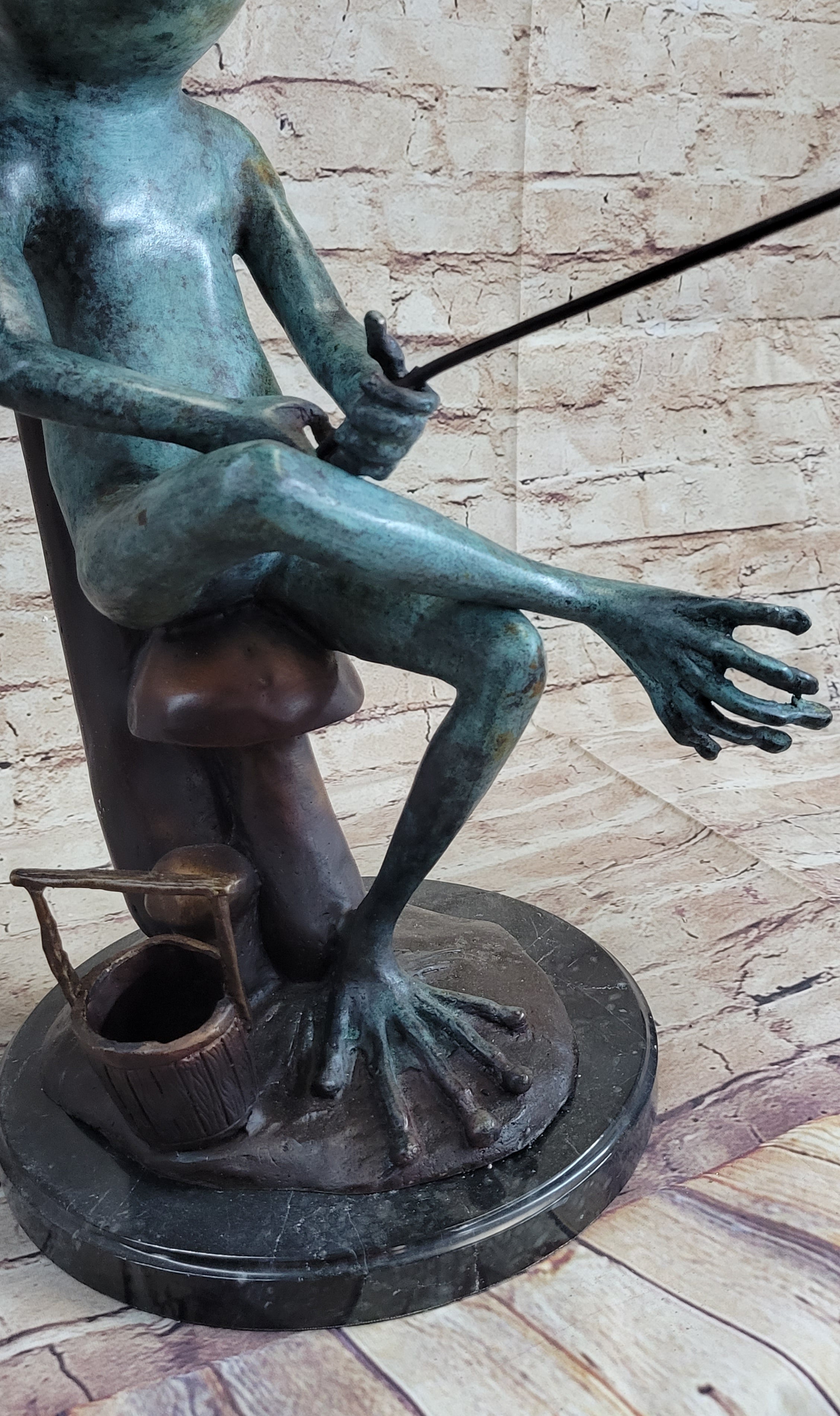 Bronze Sculpture of Frog Fishing Under Mushroom Signed Art