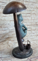 Bronze Sculpture of Frog Fishing Under Mushroom Signed Art