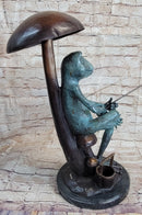 Bronze Sculpture of Frog Fishing Under Mushroom Signed Art