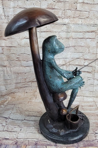 Bronze Sculpture of Frog Fishing Under Mushroom Signed Art