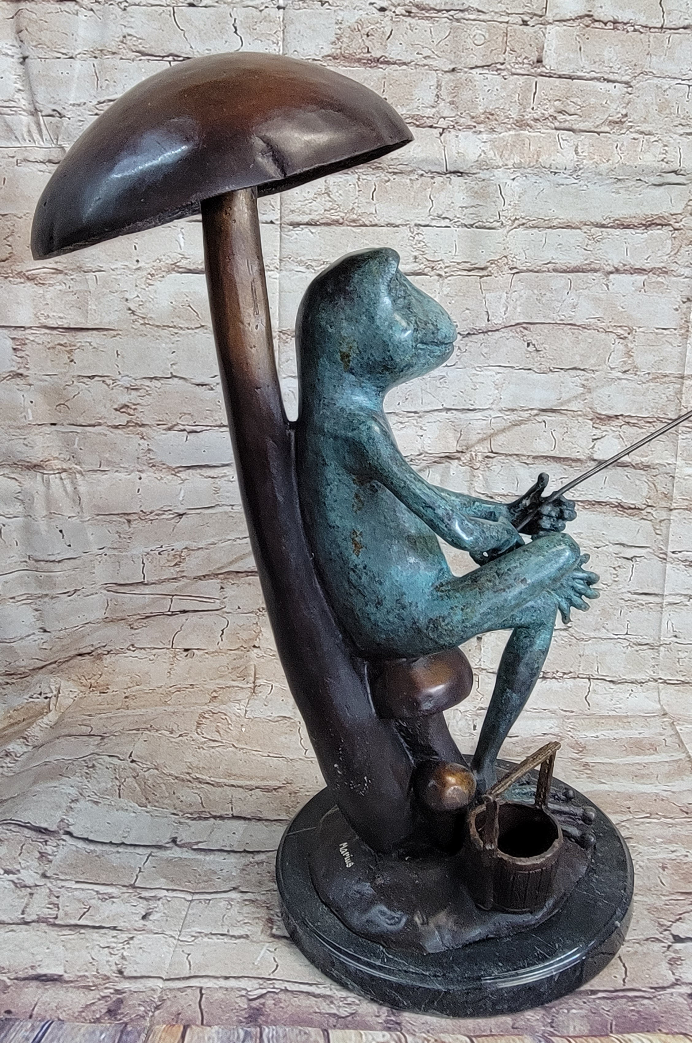 Bronze Sculpture of Frog Fishing Under Mushroom Signed Art