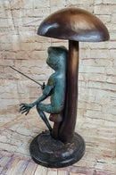 Bronze Sculpture of Frog Fishing Under Mushroom Signed Art