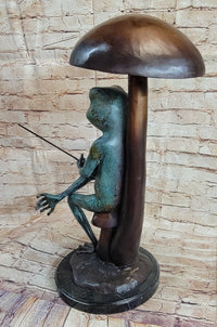 Bronze Sculpture of Frog Fishing Under Mushroom Signed Art