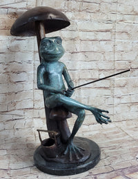 Bronze Sculpture of Frog Fishing Under Mushroom Signed Art