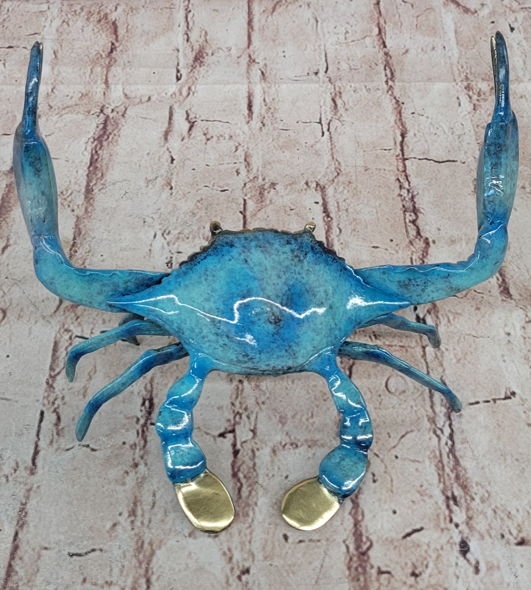 Bronze Blue Crab Sculpture Glazed Colorful Patina 4" x 8"