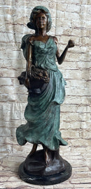 Signed Bronze Sculpture of Young Woman with Basket of Fruits