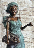 Signed Bronze Sculpture of Young Woman with Basket of Fruits