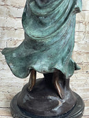 Signed Bronze Sculpture of Young Woman with Basket of Fruits