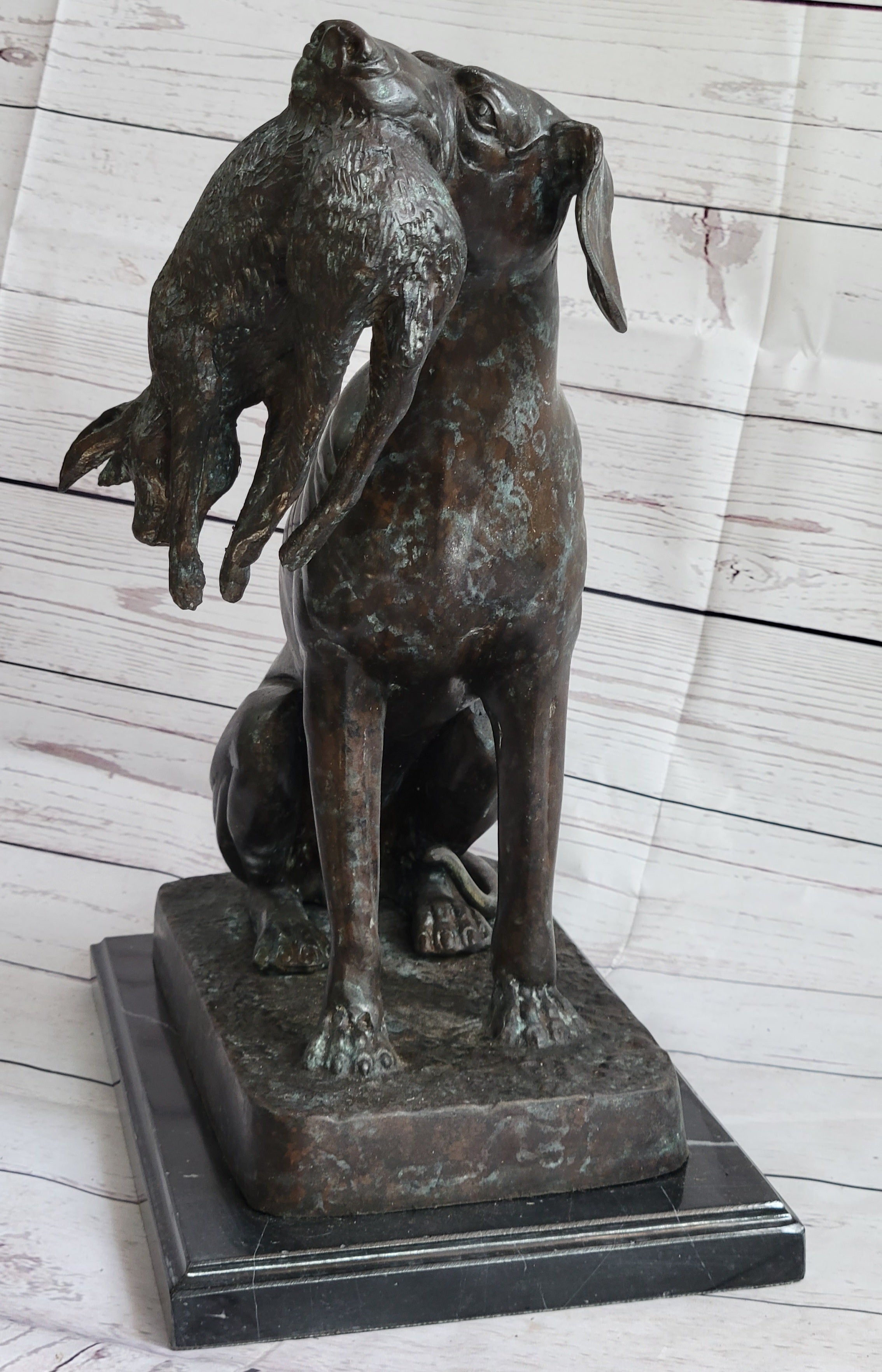 Hunting Dog Retriever w/ Rabbit Bronze Sculpture 16" x 16"