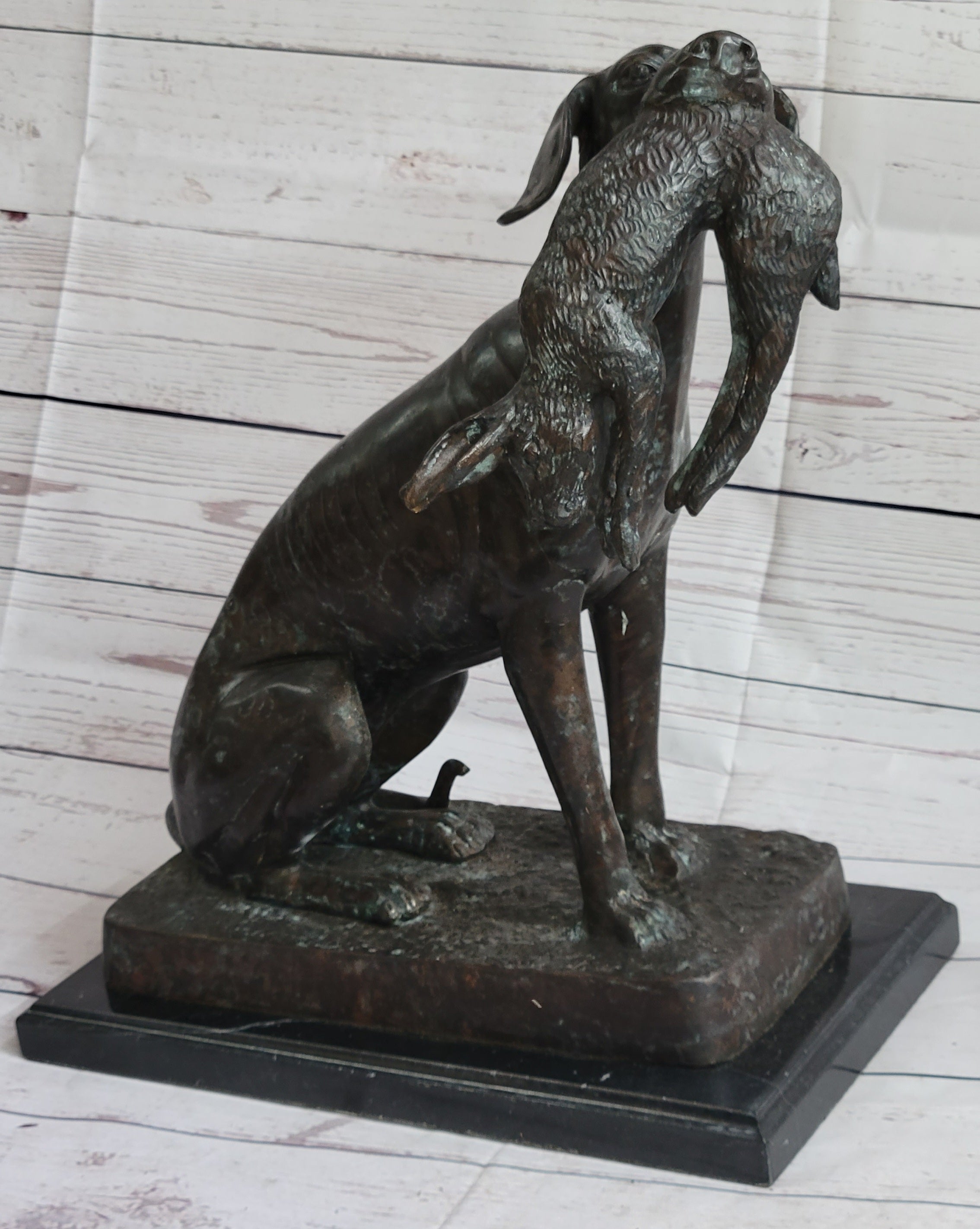Hunting Dog Retriever w/ Rabbit Bronze Sculpture 16" x 16"