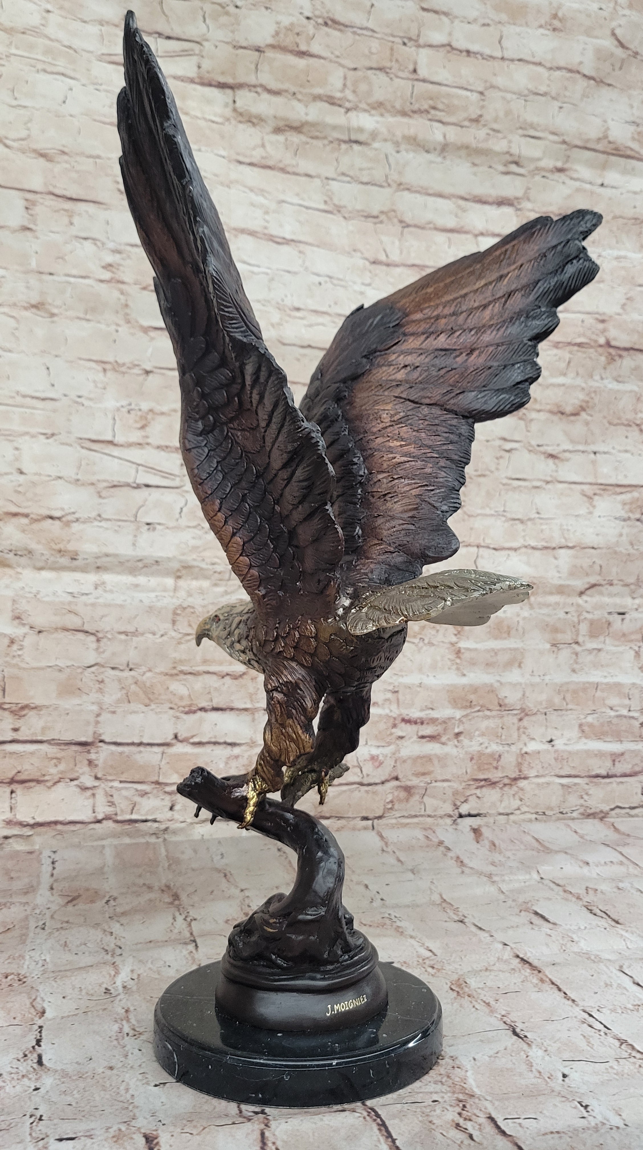 Signed Moigniez Eagle Catch Fish Bronze Sculpture 24" x 13"