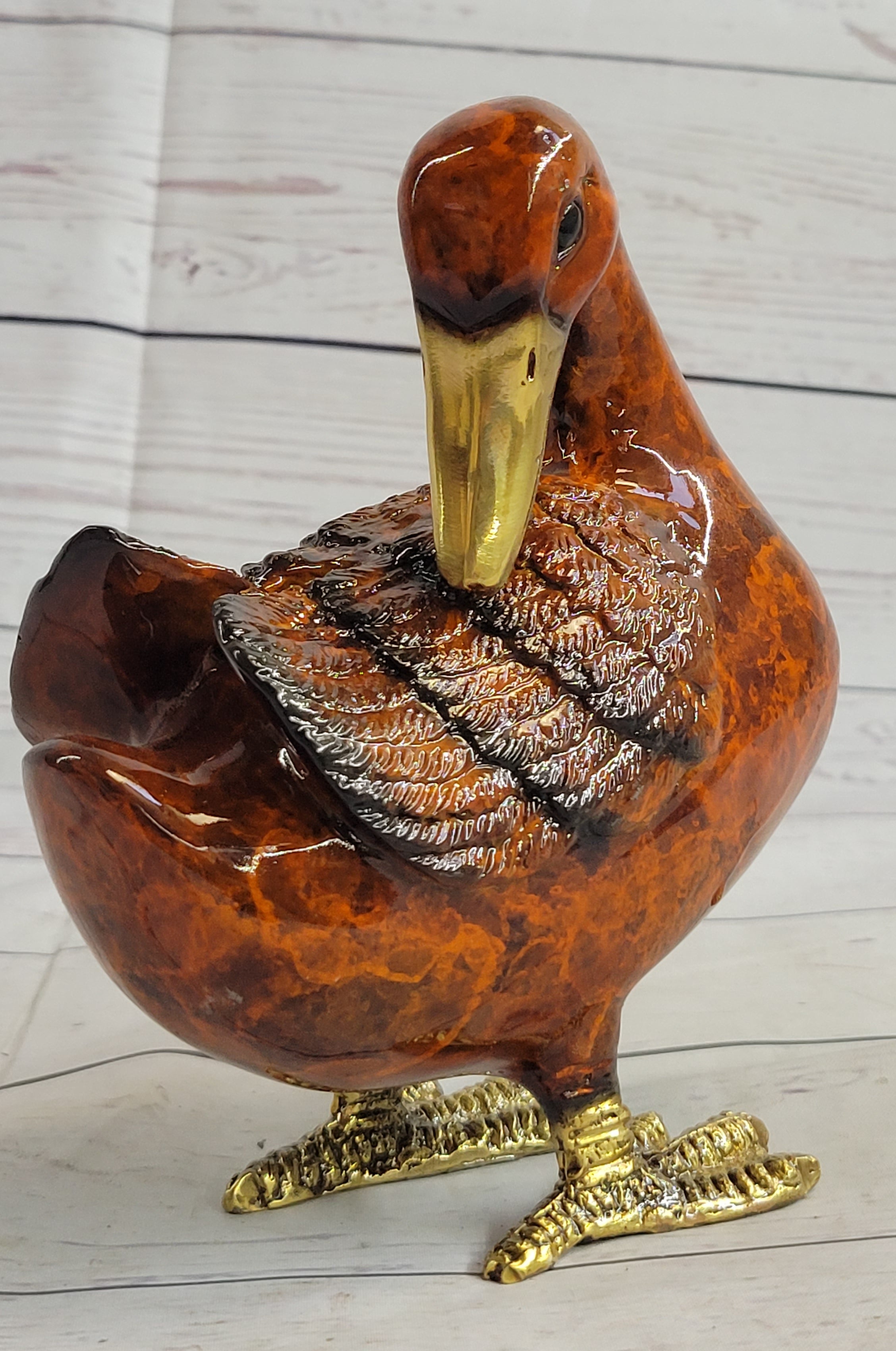 Real Bronze Duck Painted Bird Cast Sculpture 7" x 6"