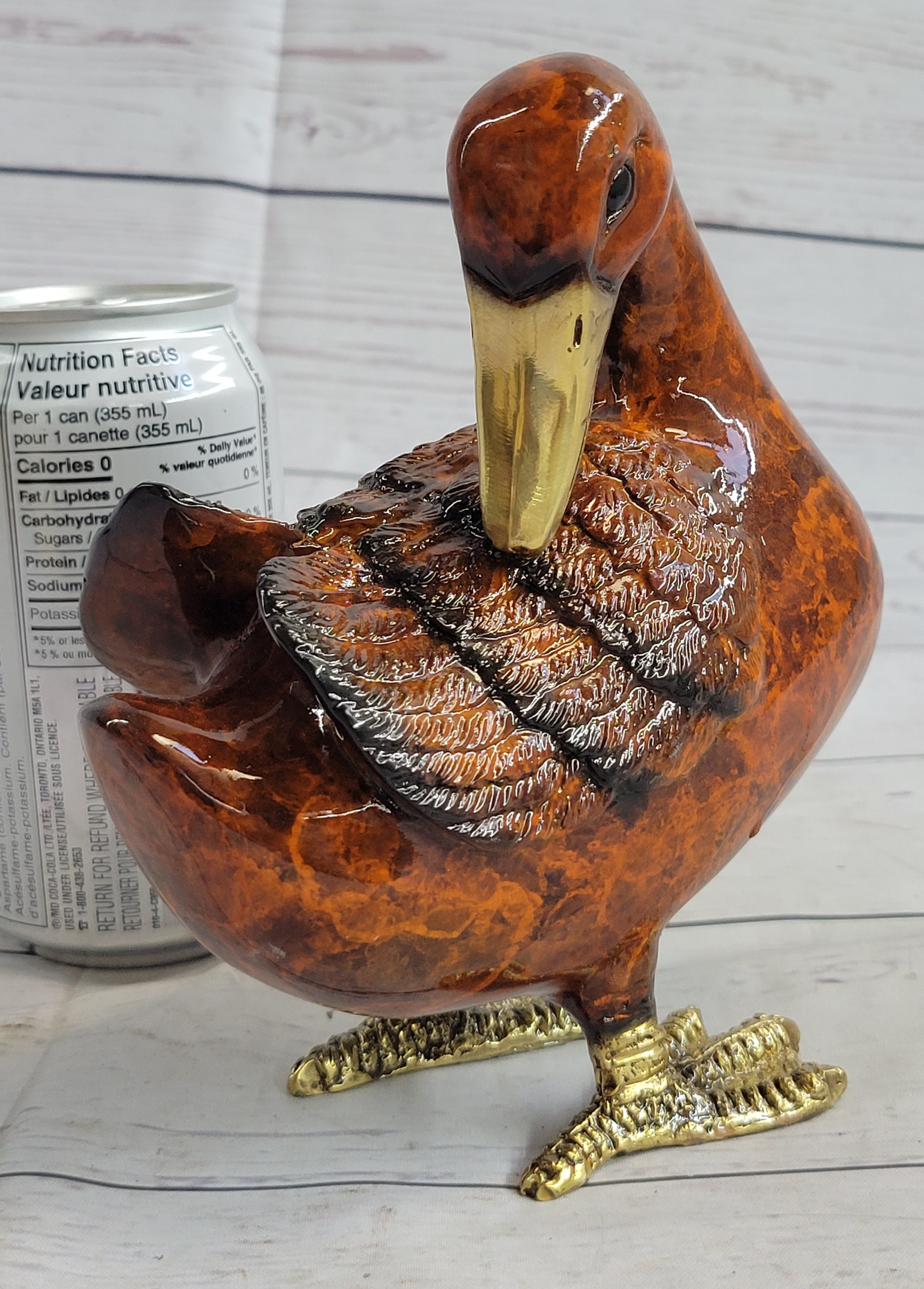 Real Bronze Duck Painted Bird Cast Sculpture 7" x 6"