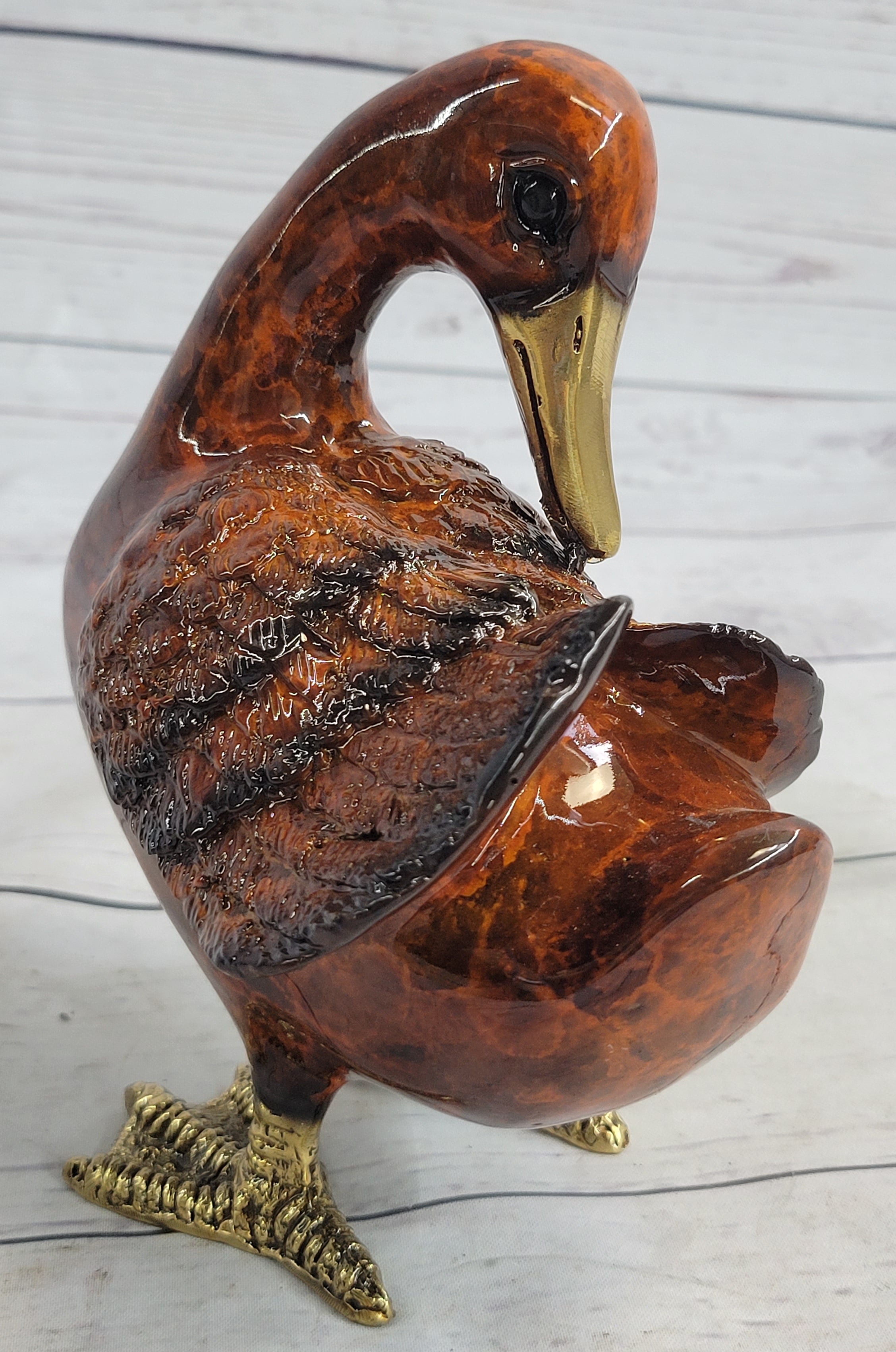 Real Bronze Duck Painted Bird Cast Sculpture 7" x 6"
