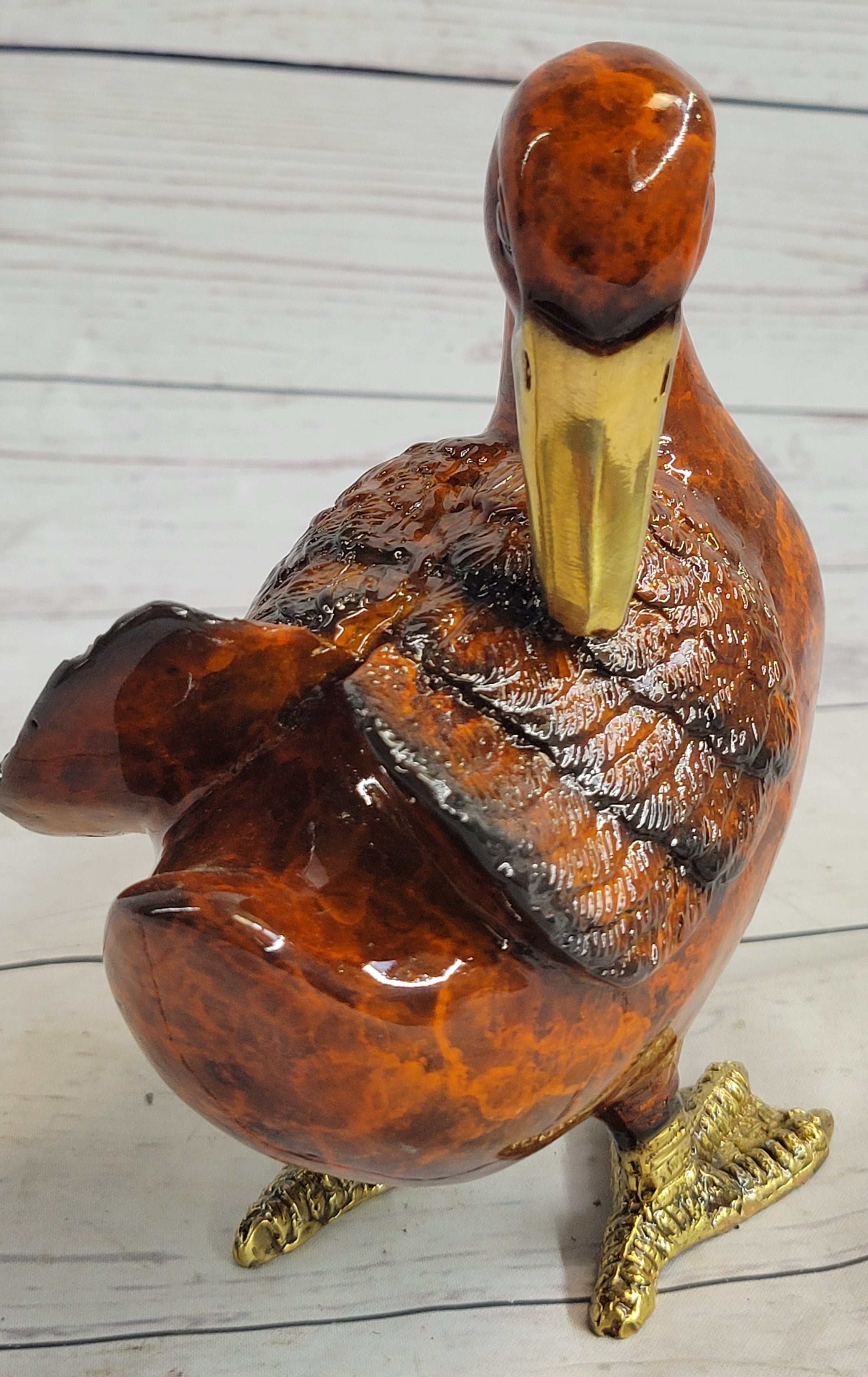 Real Bronze Duck Painted Bird Cast Sculpture 7" x 6"