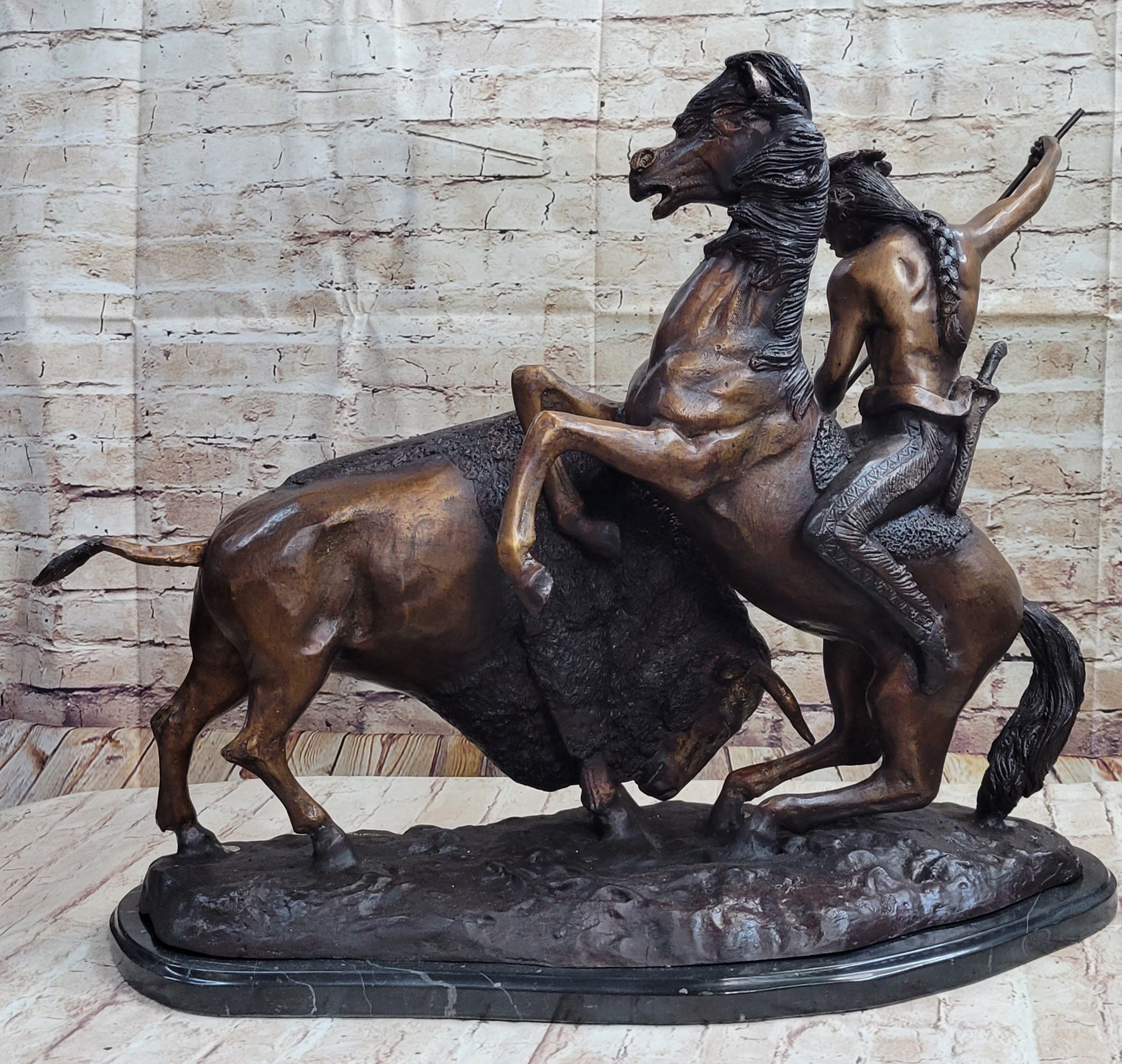Frederic Remington Buffalo Hunt Bronze Sculpture Native American Art