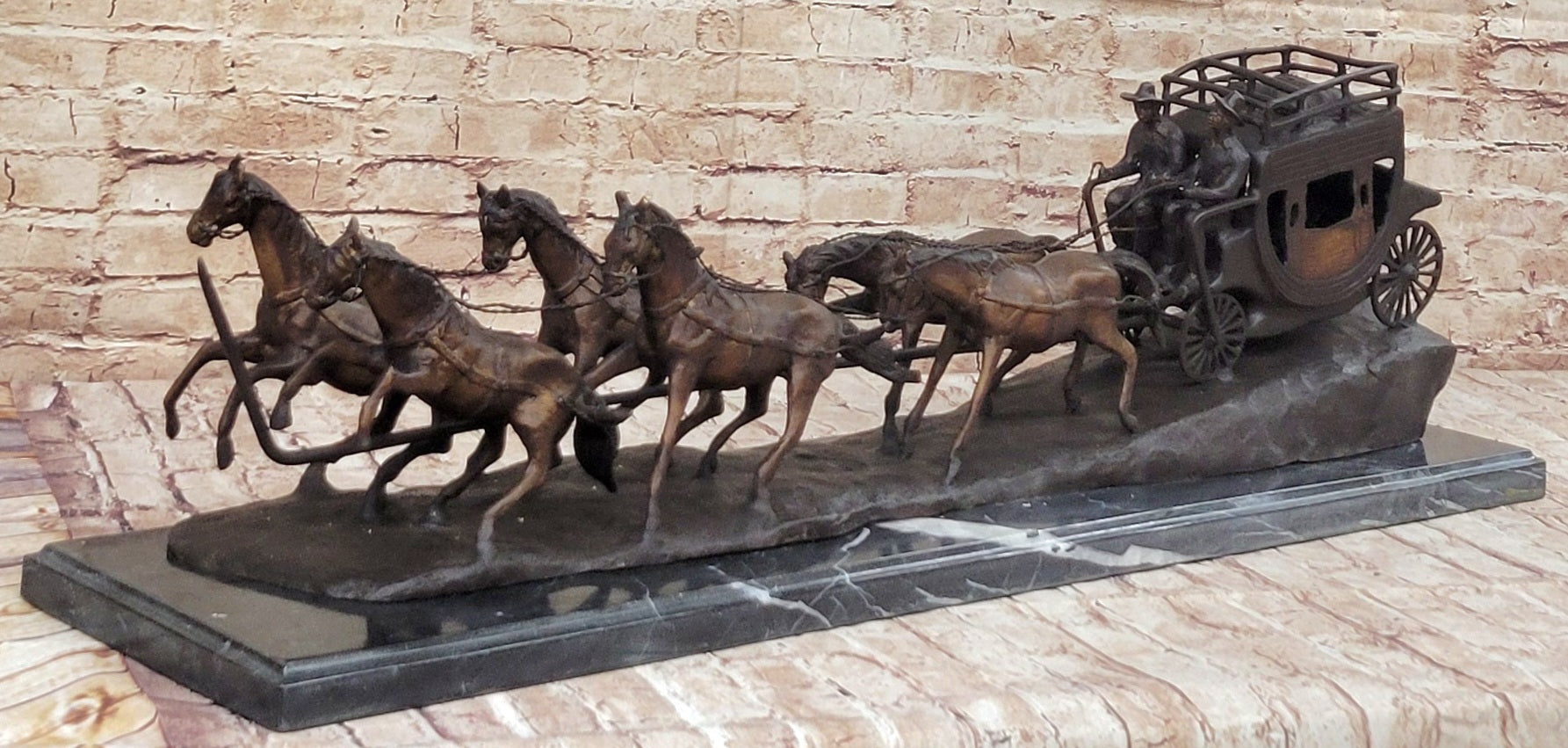 Stagecoach Bronze Metal Sculpture of Horses Pulling Carriage after Frederic Remington