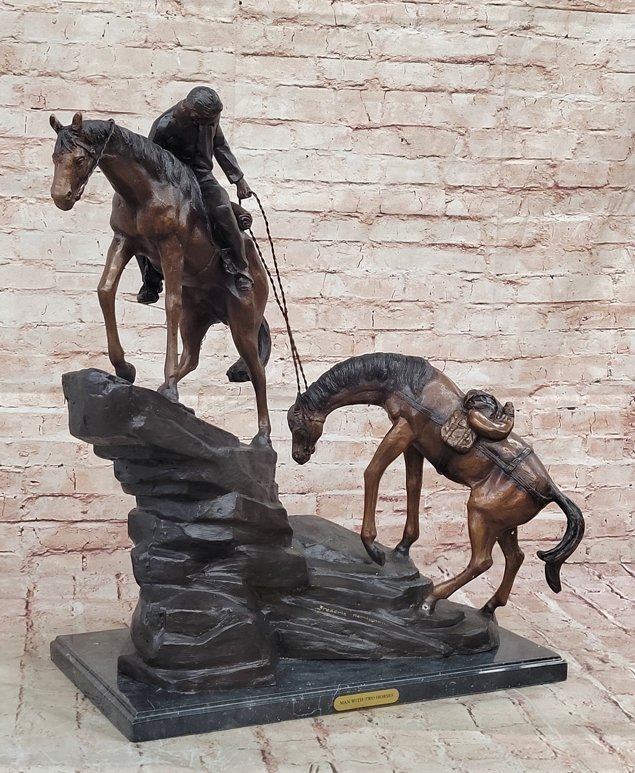 Frederic Remington Cowboy & Two Horses Bronze Sculpture 26" x 28"