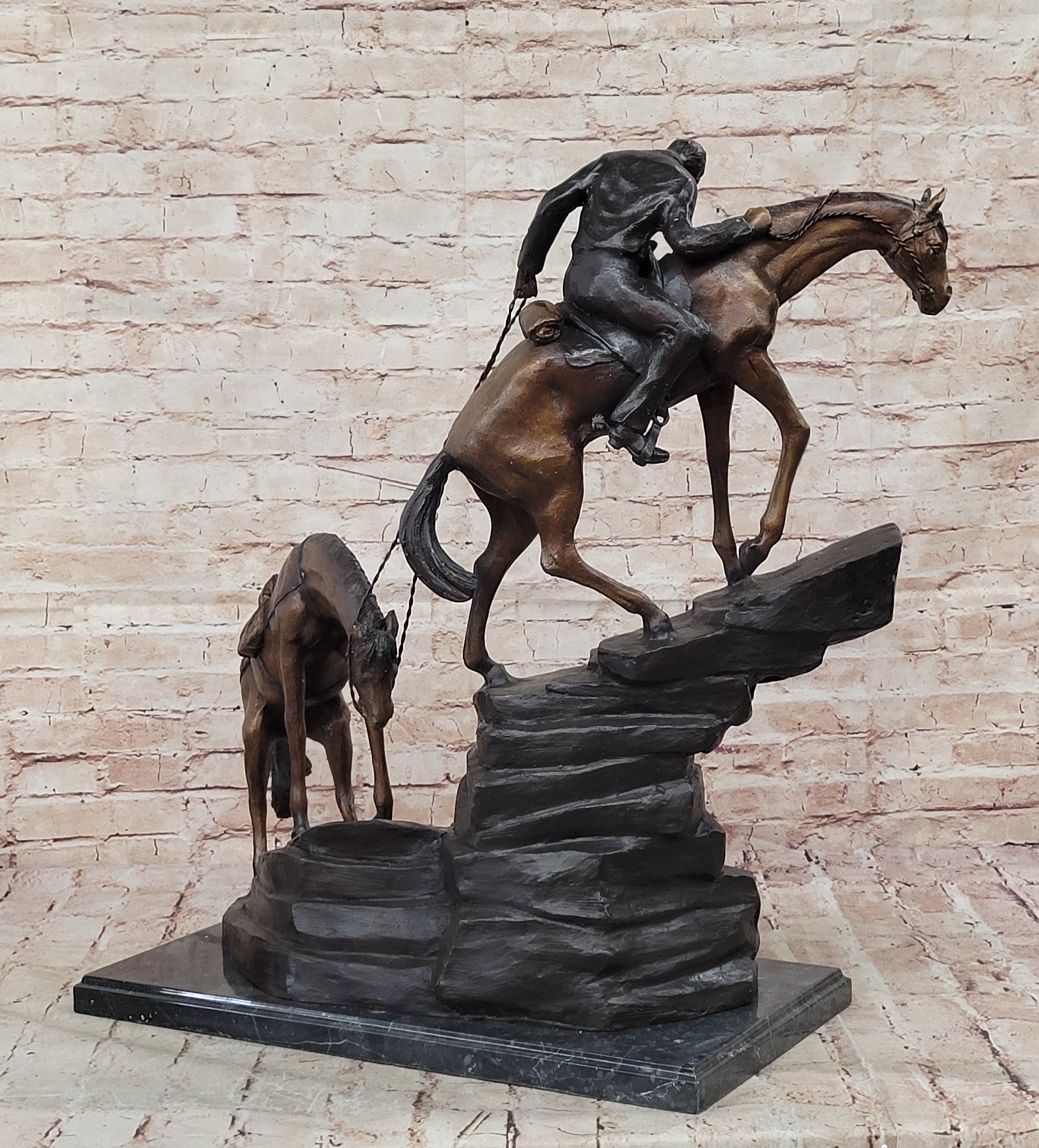 Frederic Remington Cowboy & Two Horses Bronze Sculpture 26" x 28"
