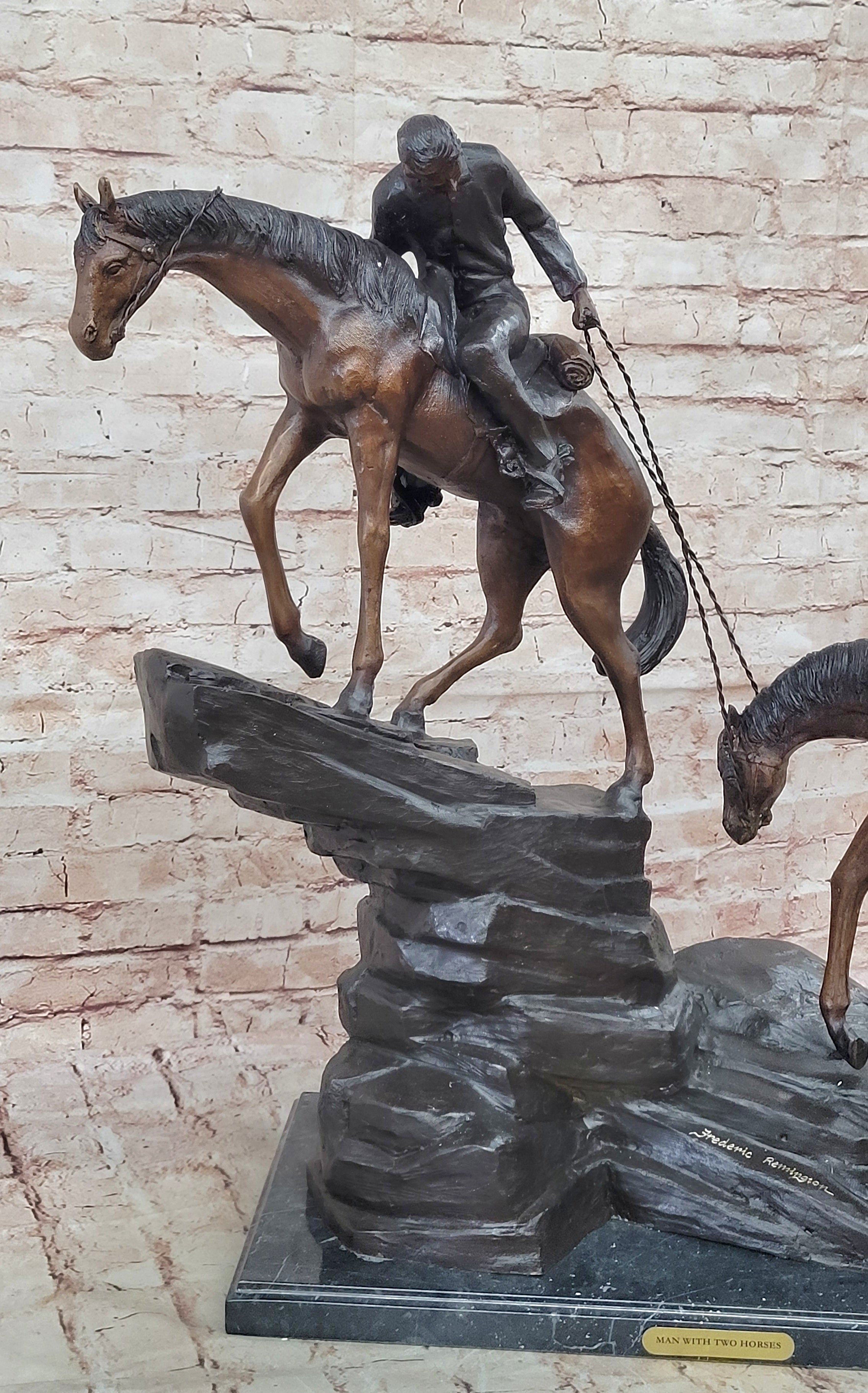 Frederic Remington Cowboy & Two Horses Bronze Sculpture 26" x 28"