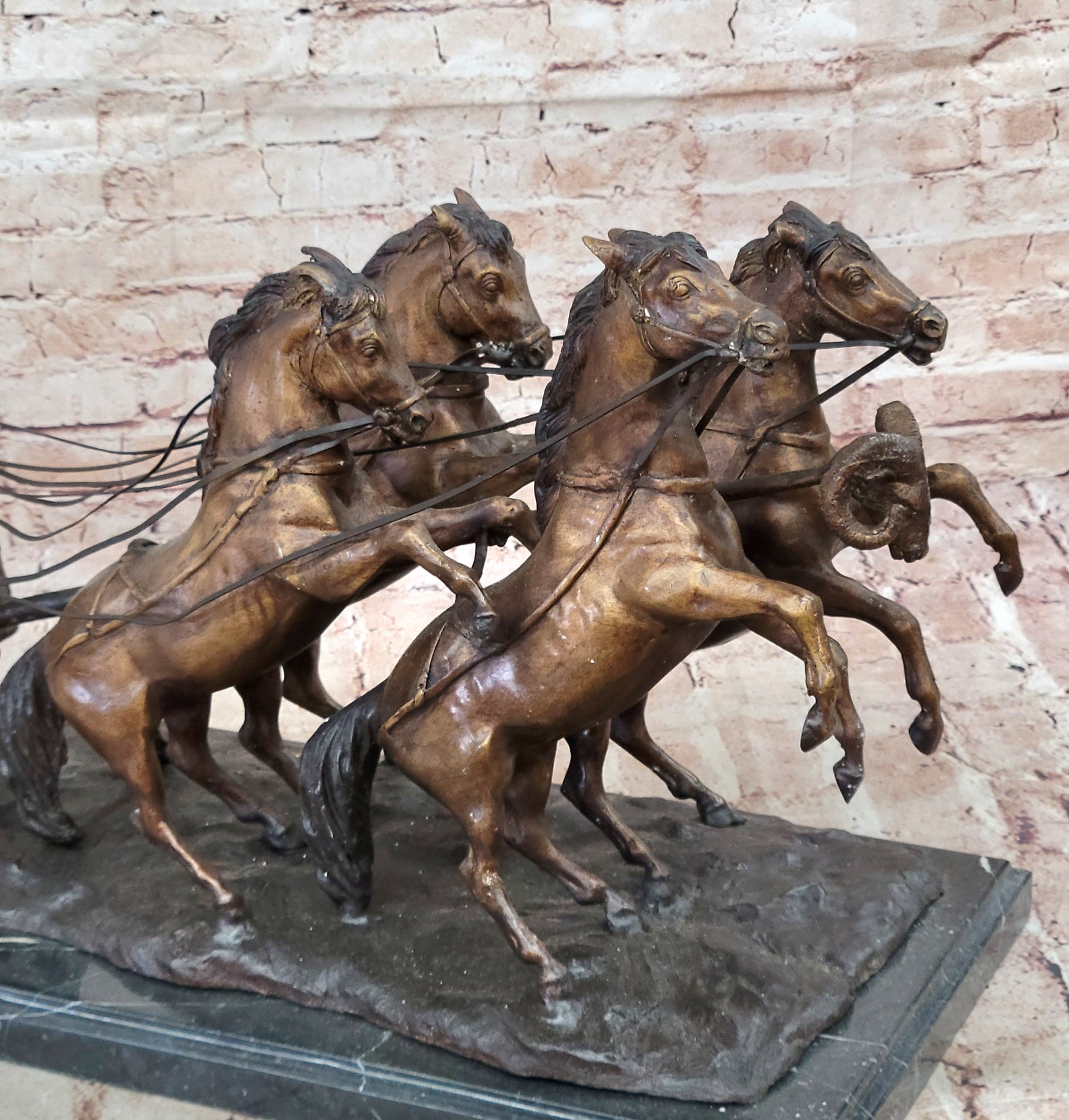 Bronze Roman Gladiator Warrior Chariot with Rearing Horses