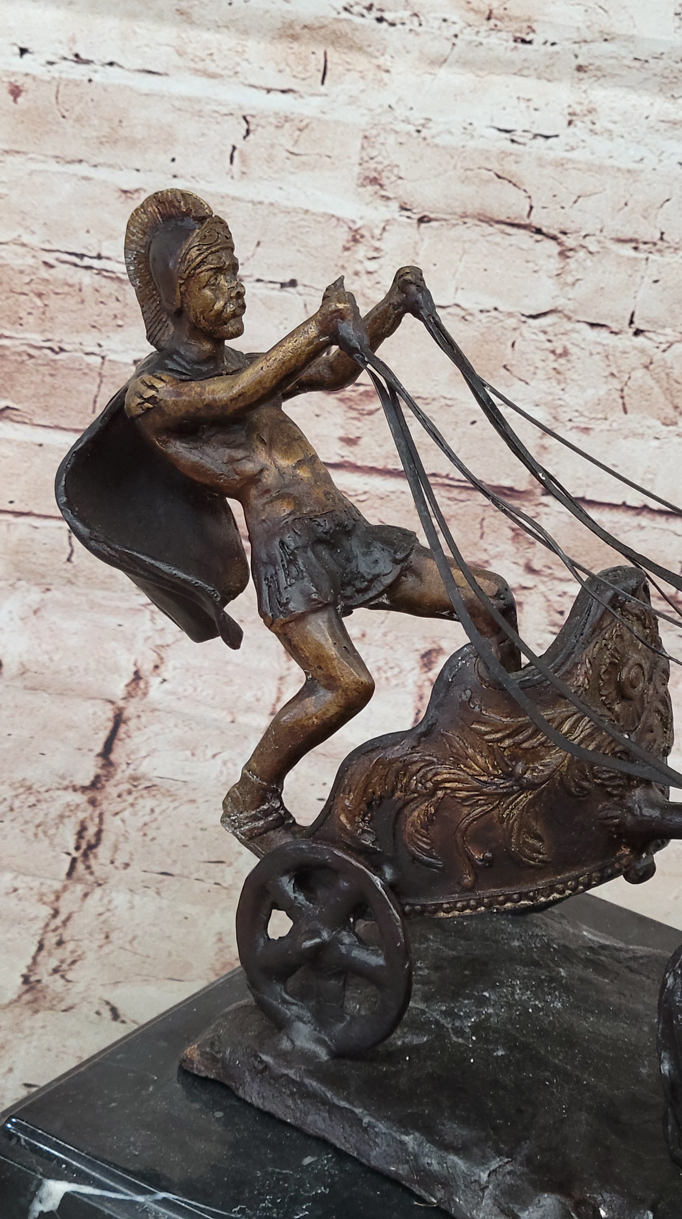Bronze Roman Gladiator Warrior Chariot with Rearing Horses